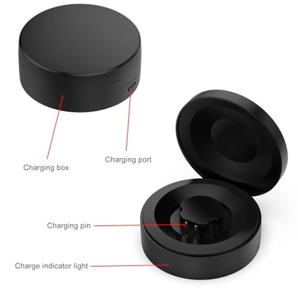 Black charging dock with open lid, charging pin, and indicator light