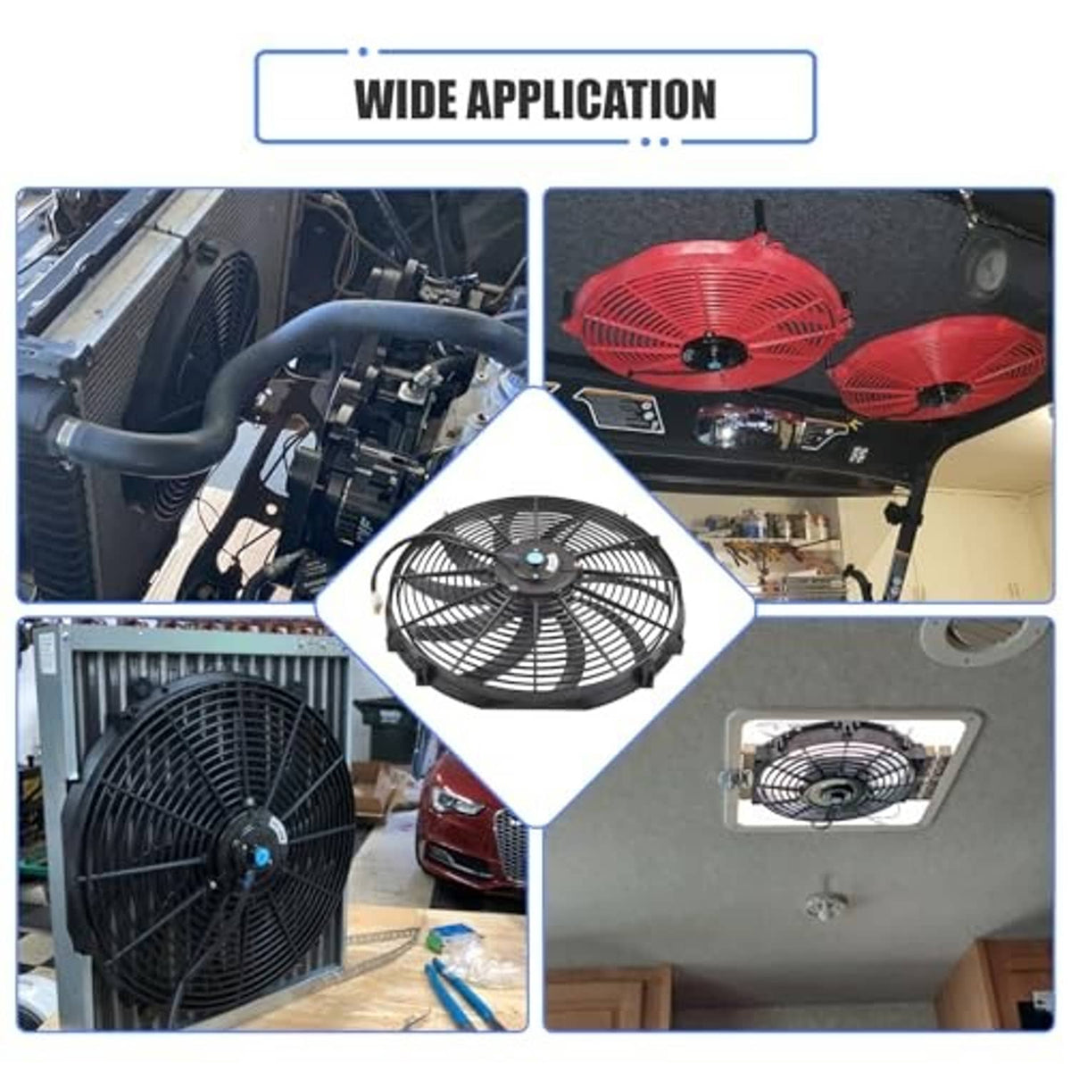 16-inch electric radiator cooling fan shown for wide vehicle mounting applications.