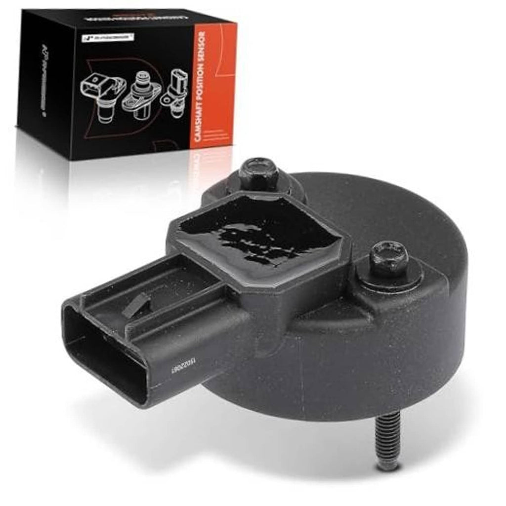 Black camshaft position sensor with 2 mounting bolts and electrical connector port