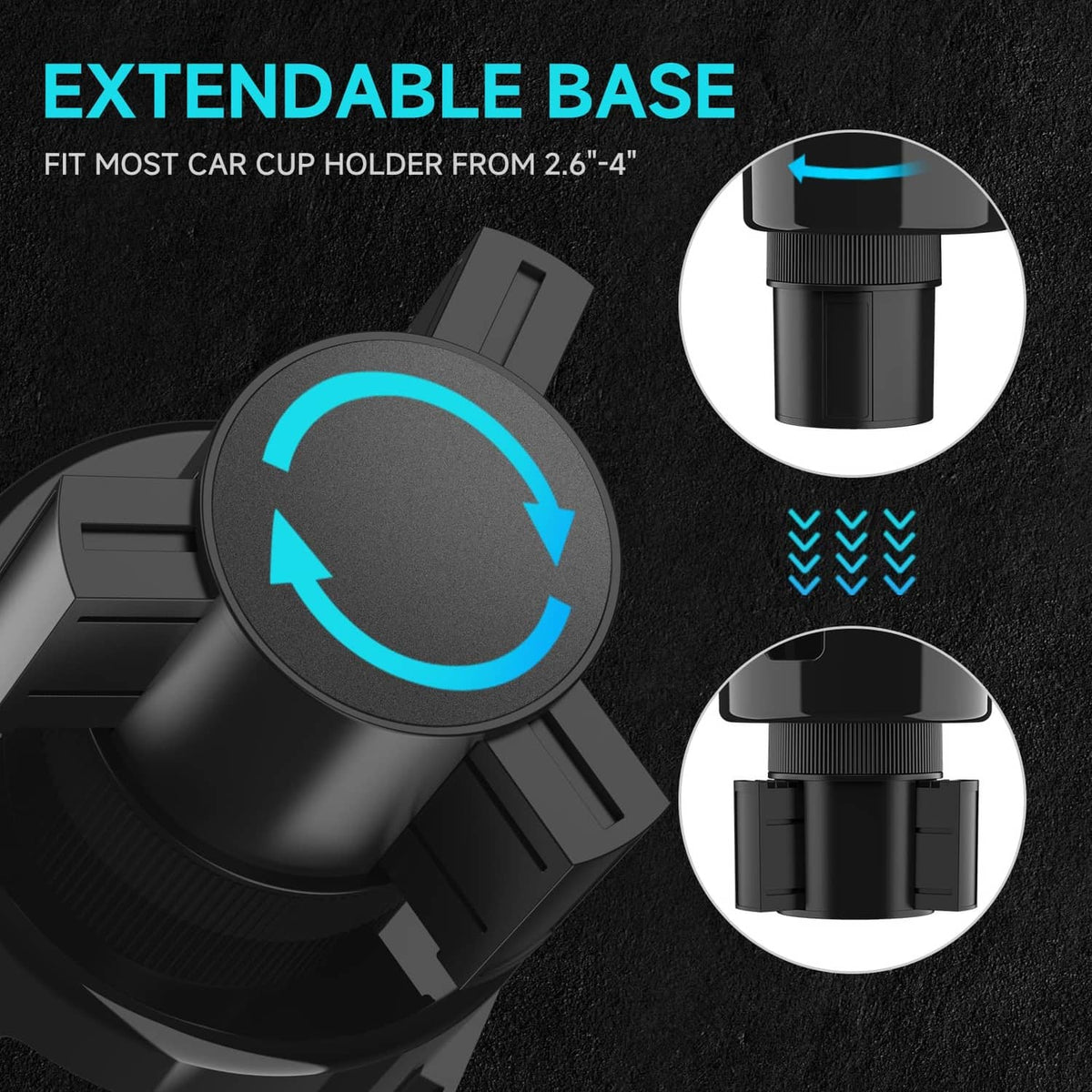 Black extendable car cup holder tray base with adjustable expansion ring