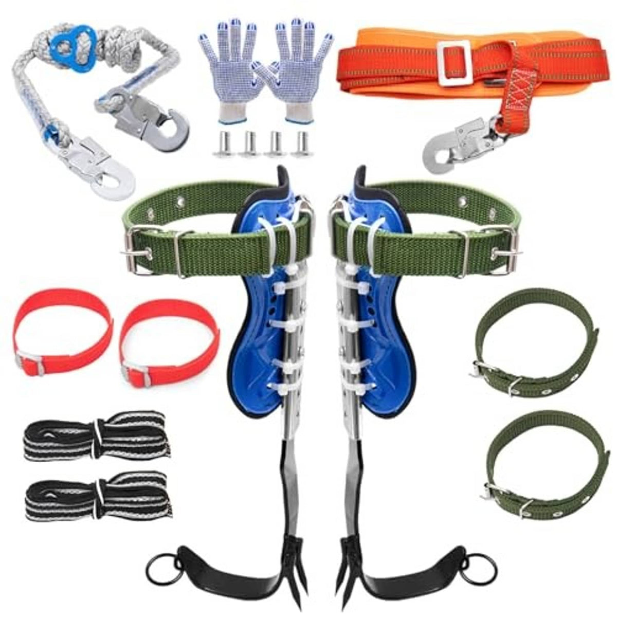 Tree climbing spikes kit with blue leg braces, green belts, orange belt, black straps, claws