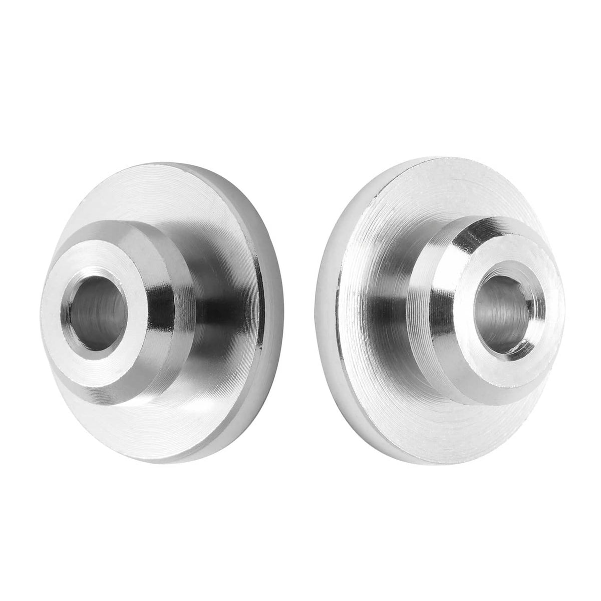 Pair of stainless steel wheel protector sleeves with central holes, kit hardware