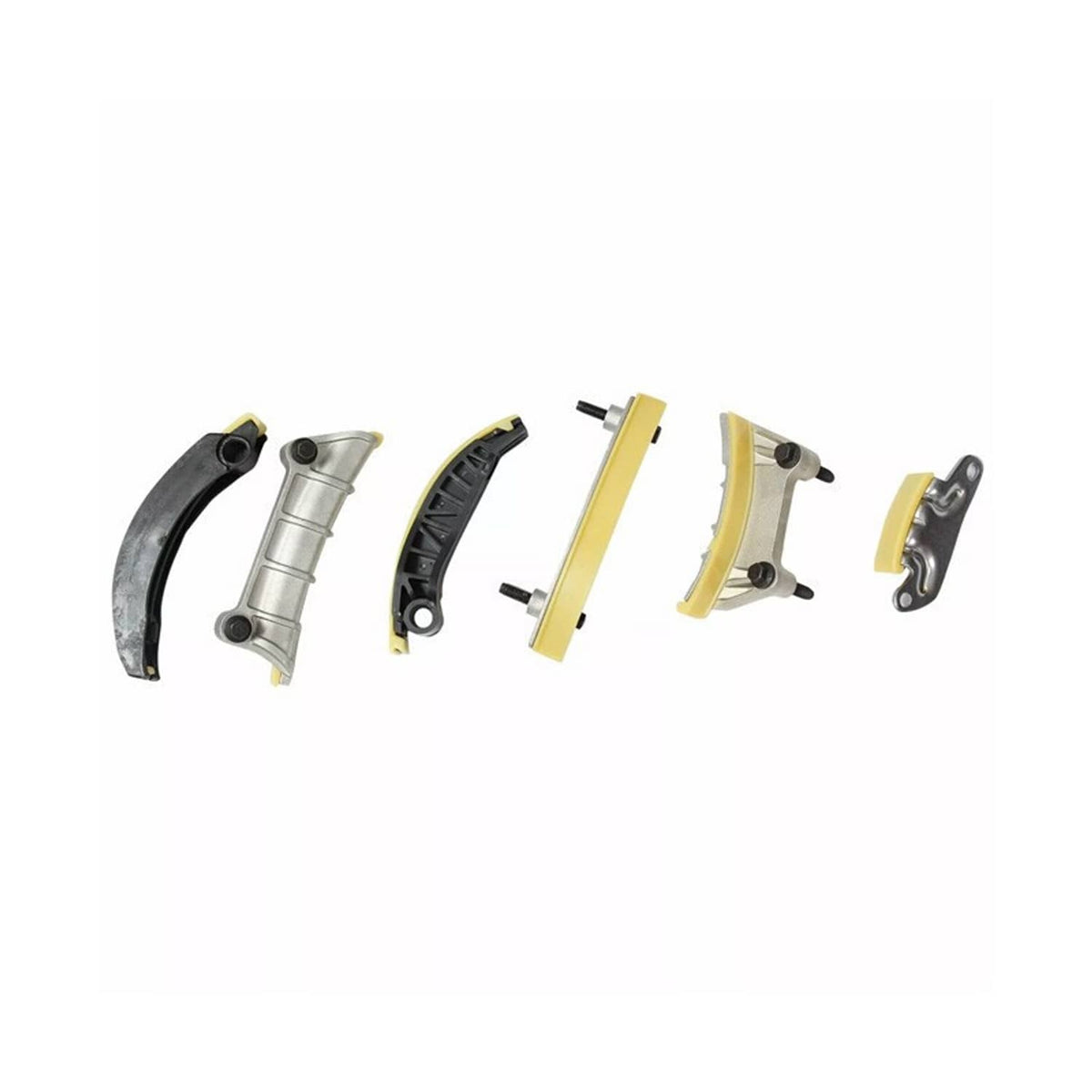 Timing chain guides and tensioner components with mounting brackets and pads
