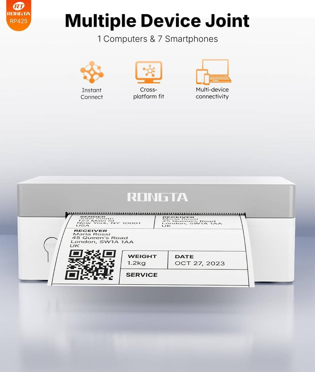 White thermal label printer displaying a printed shipping label with QR code