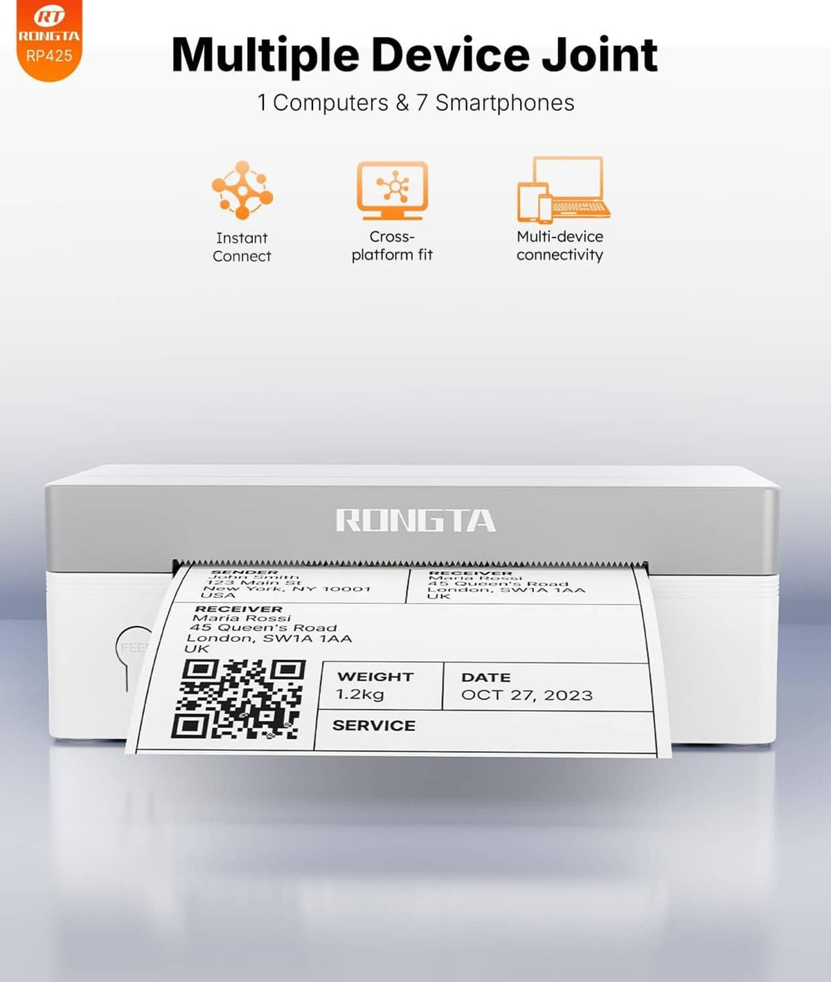 White thermal label printer displaying a printed shipping label with QR code