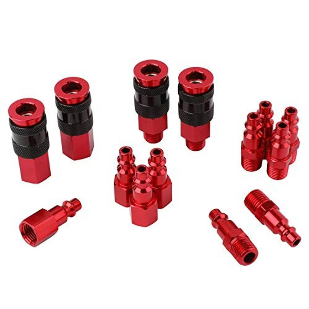 Assorted air coupler hose fittings with red metal connectors and black knurled grip sleeves