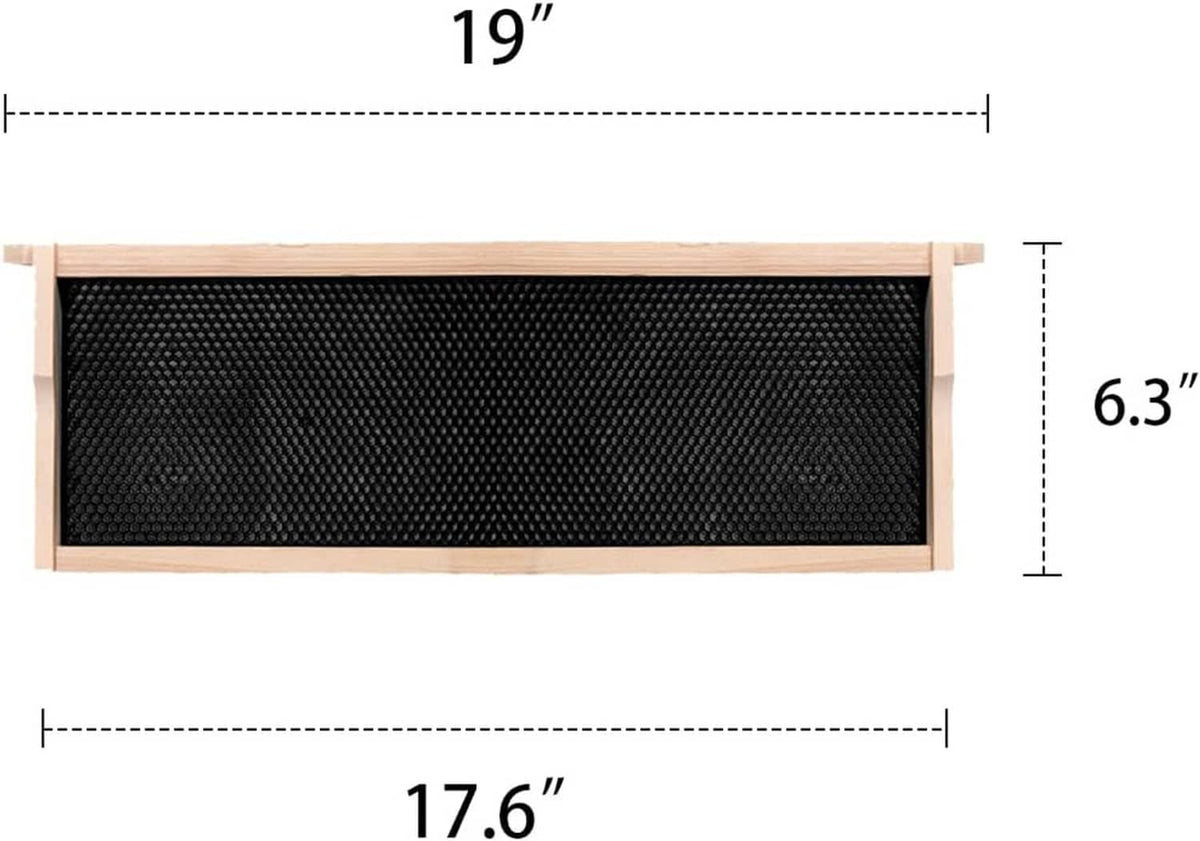 Medium beehive frame with dark honeycomb foundation sheet in light wood frame