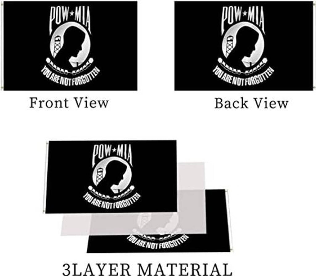 Black POW*MIA double-sided flag shown as front view, back view, and layered material