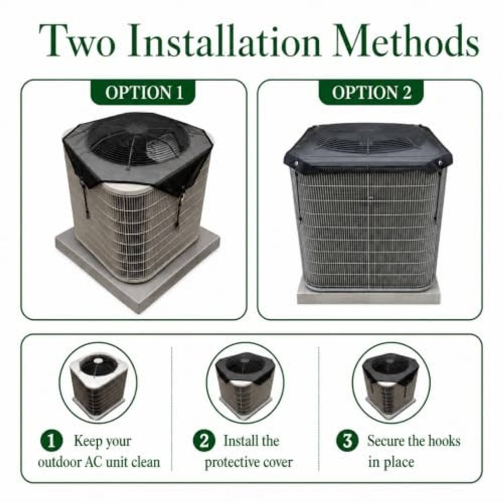 Outdoor AC unit with mesh protective cover shown from front and top with secured edges.