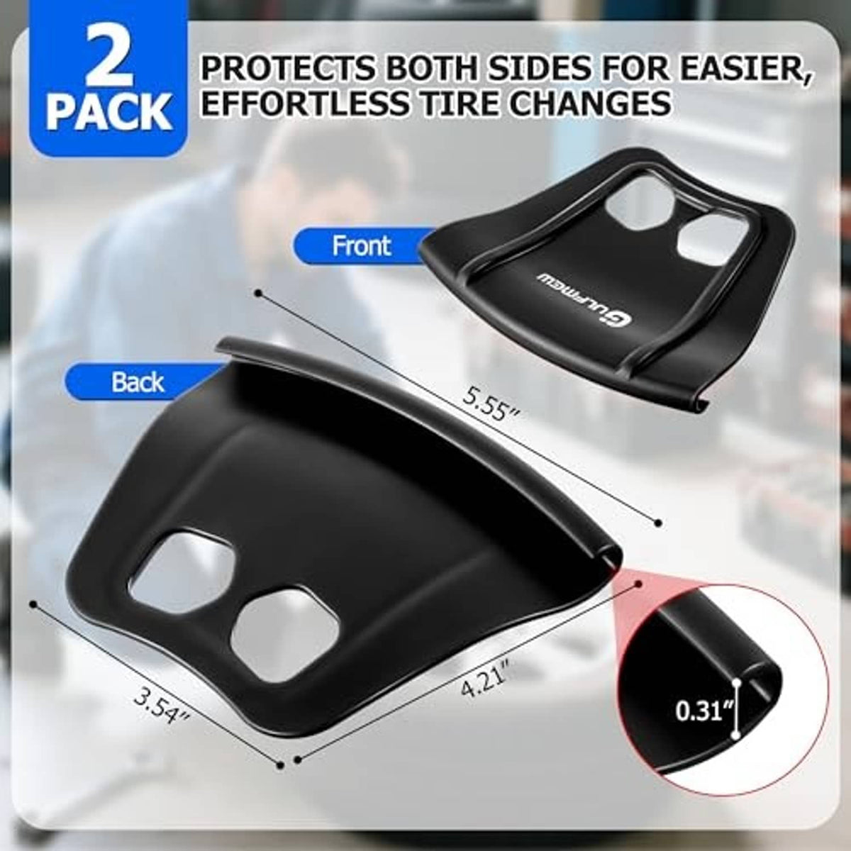 Two-pack of black rim protectors with two cutouts each; slim curved guards, Gufmewu.