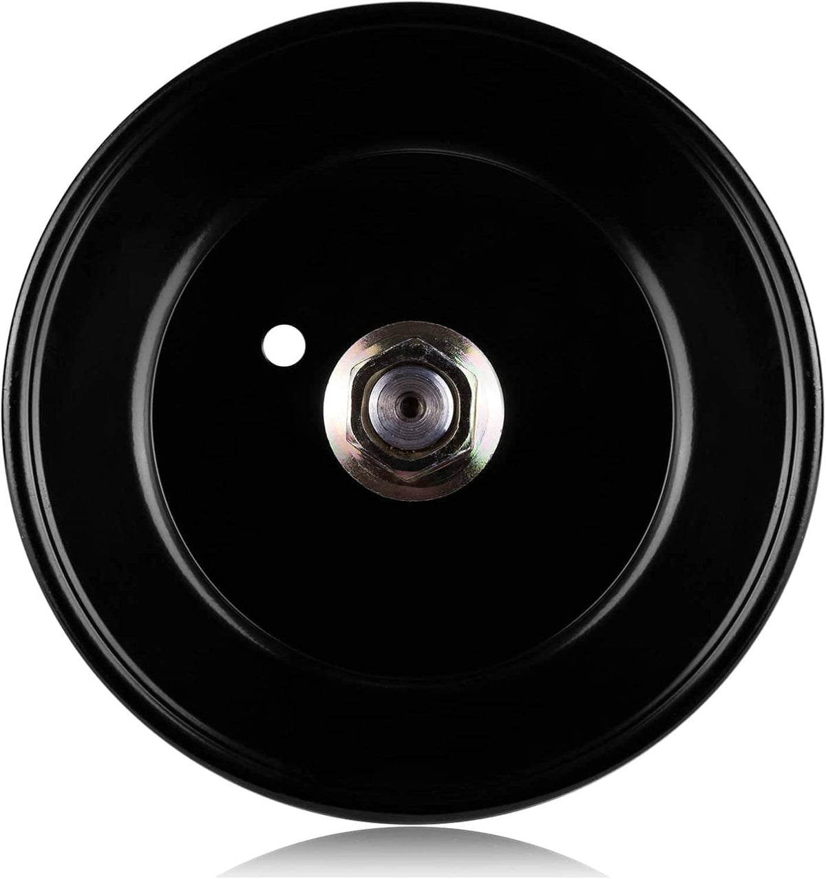 Lawn mower deck spindle pulley end view with center threaded stud