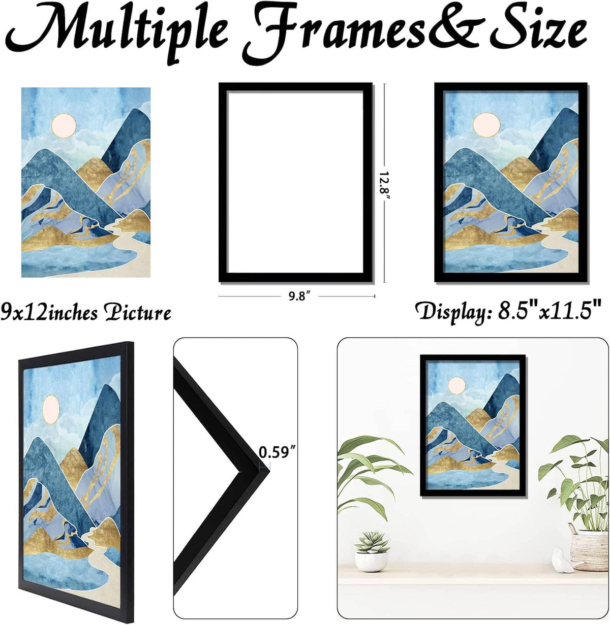 Black picture frame size display with front opening and measurement diagram layout.