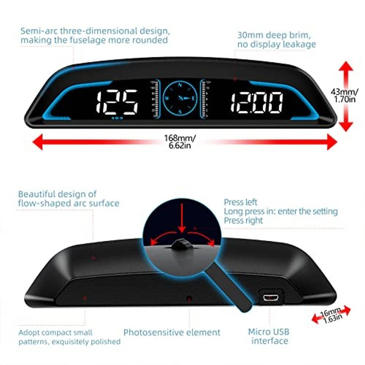 Digital GPS speedometer HUD display with blue edge light, shown with dimensions and buttons