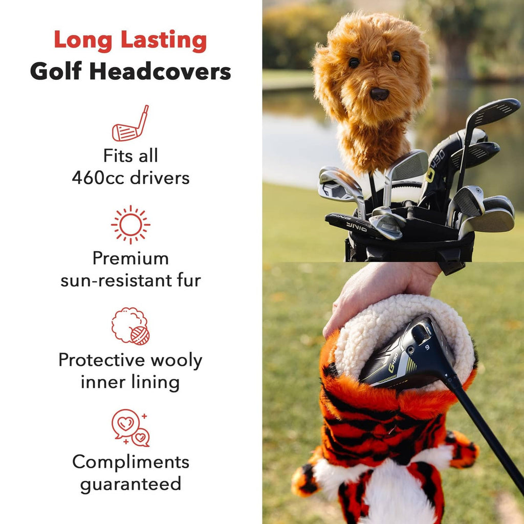 Animal golf driver headcover with orange plush fur on a black golf driver