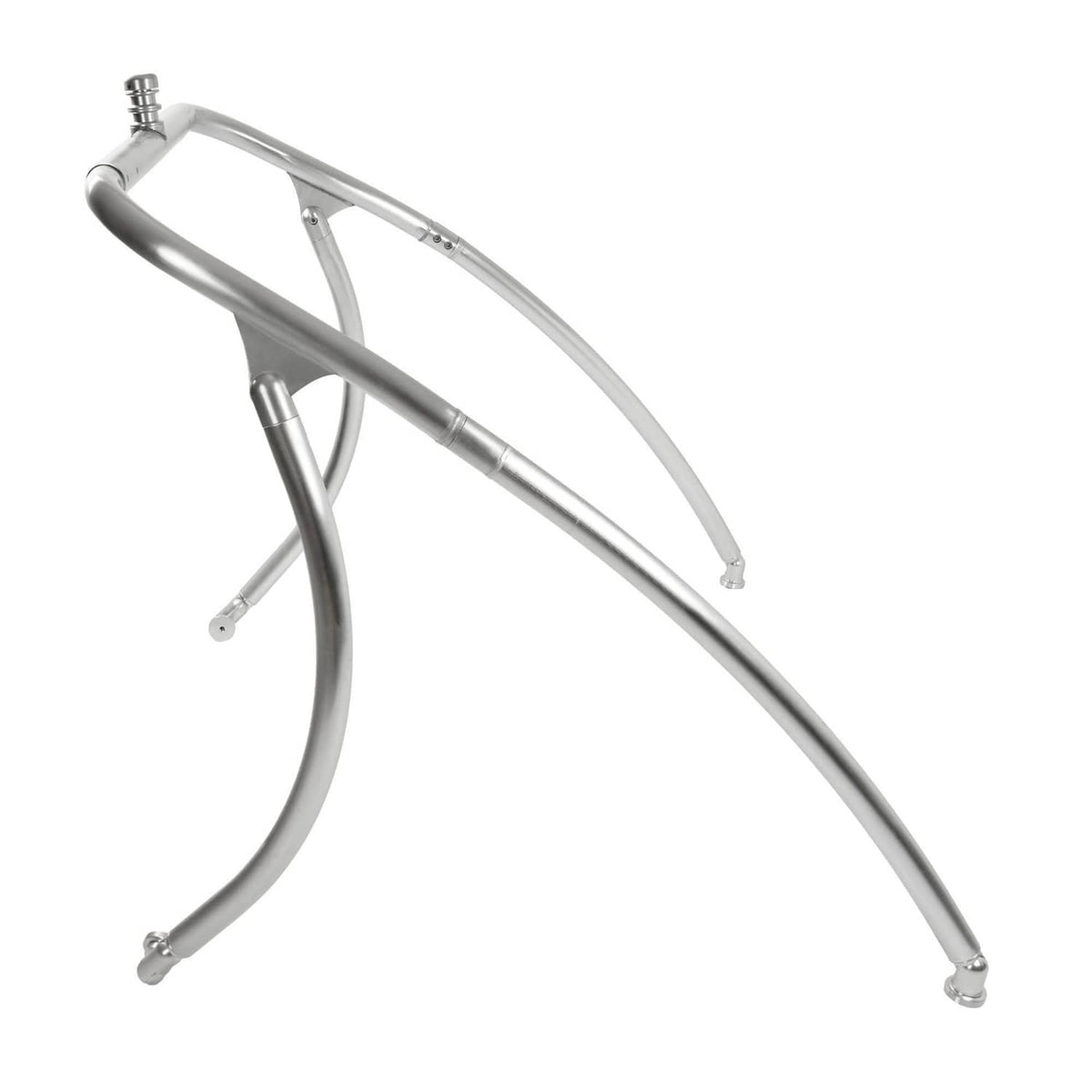 Silver aluminum wakeboard tower with arched frame and curved side tubes