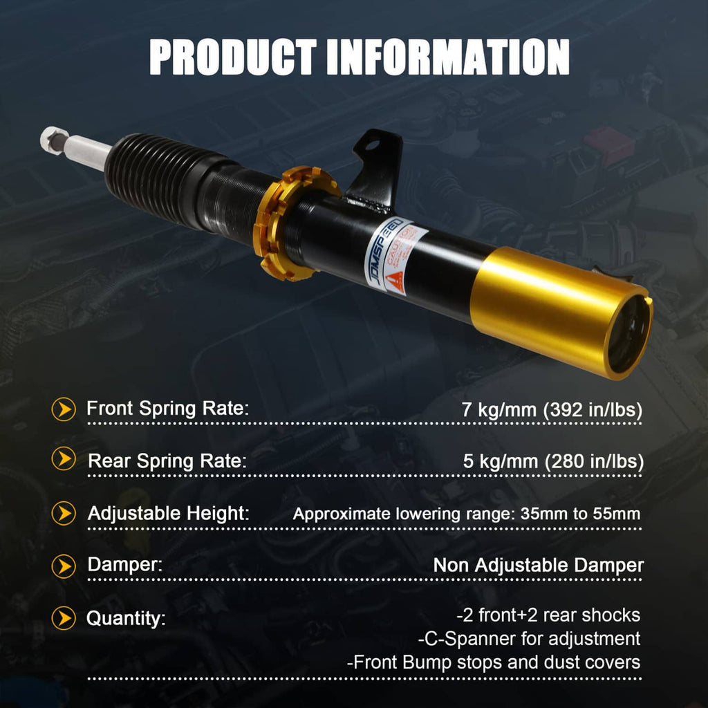 Single black coilover strut with gold collar, mounting bracket, and coil spring