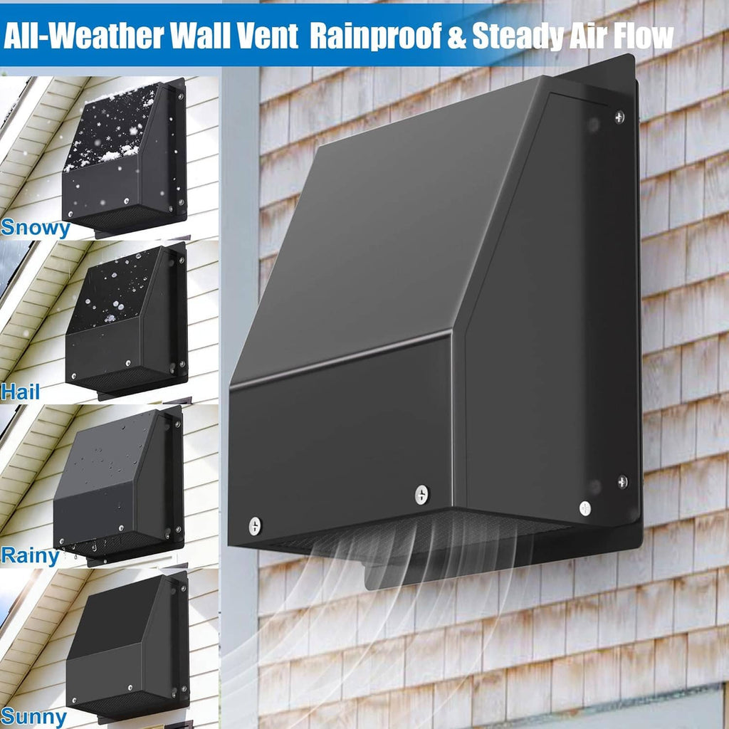 Black hooded wall dryer vent cover with mesh screen for outdoor air exhaust