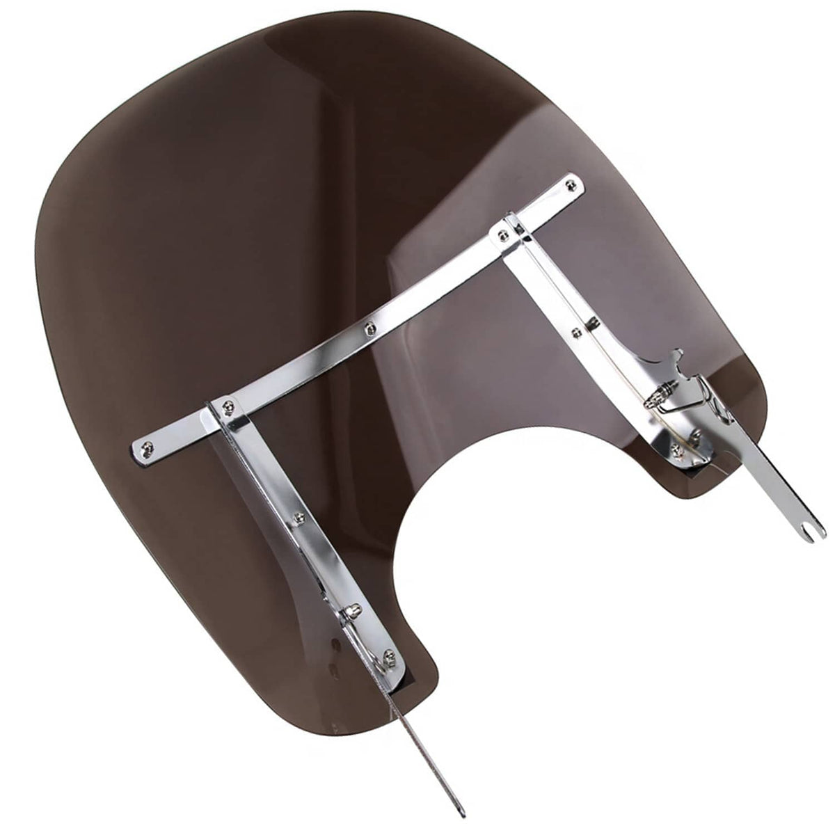 Smoked detachable windshield with chrome bracket arms and fork-style support
