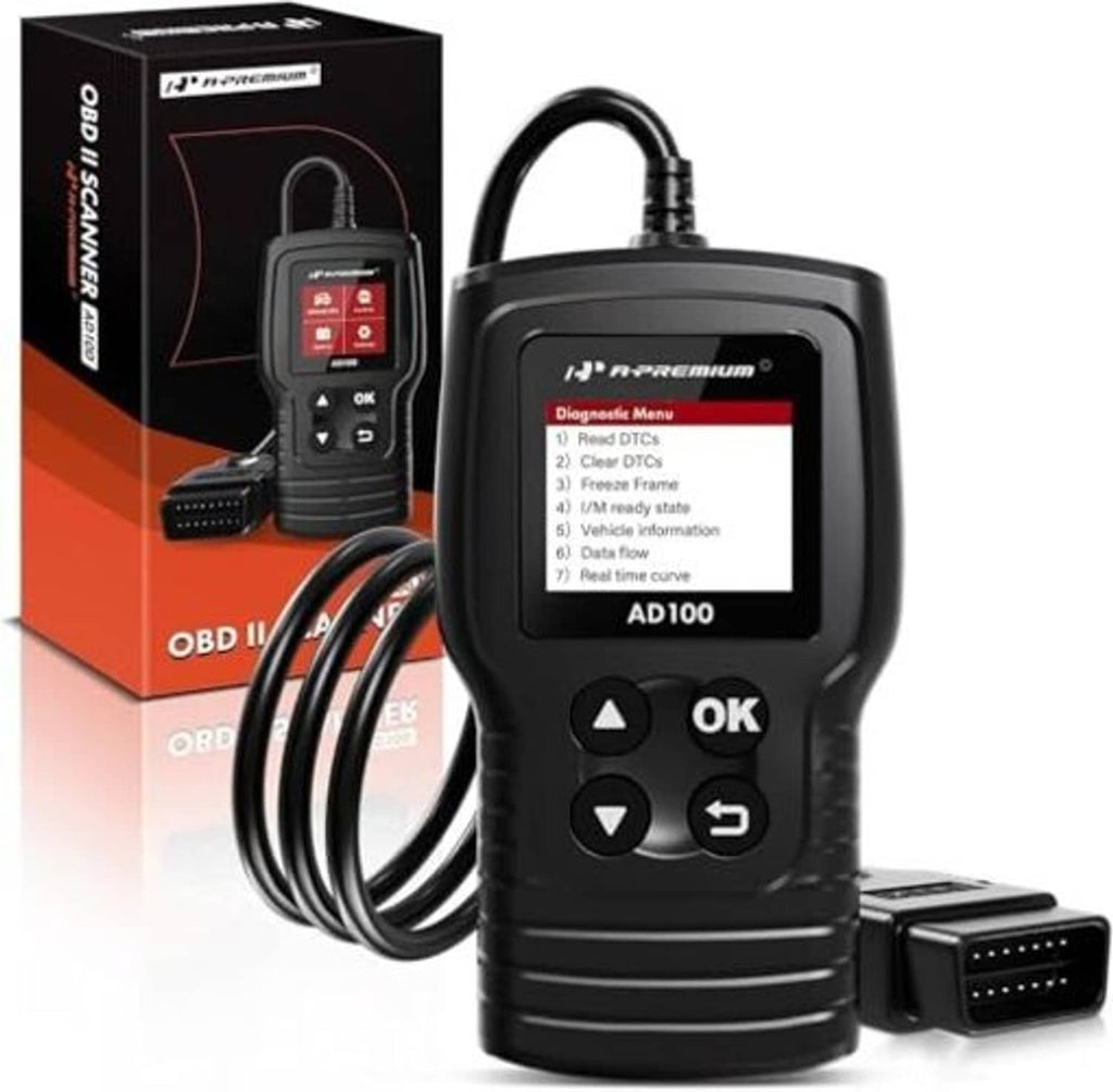 Black handheld OBD2 scanner with display, keypad buttons, and OBD plug cable