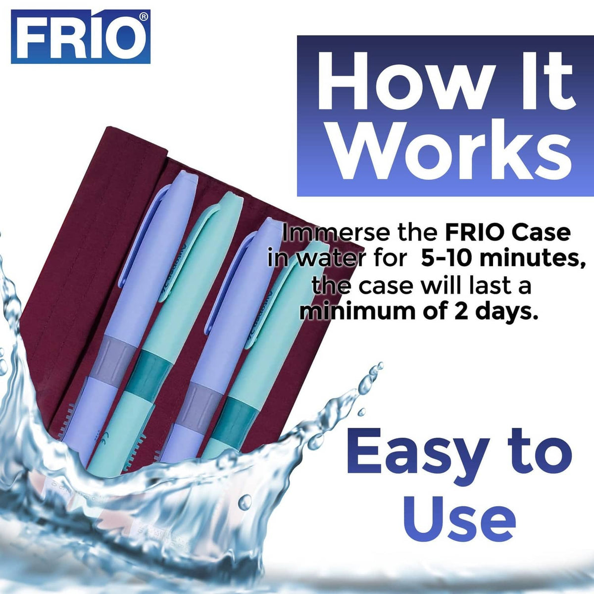 Red FRIO cooling case shown partially immersed, compact folded design