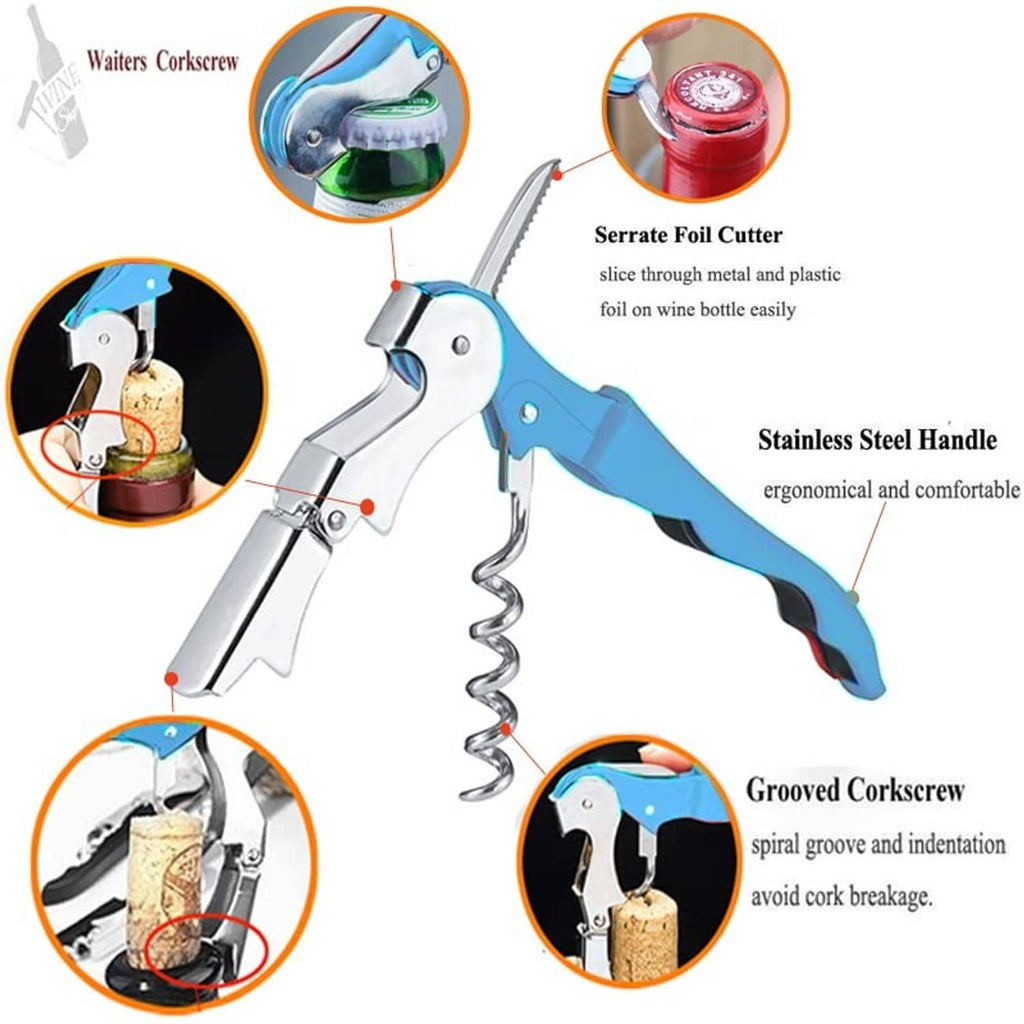Blue waiter corkscrew wine opener with stainless handle and foil-cutter blade
