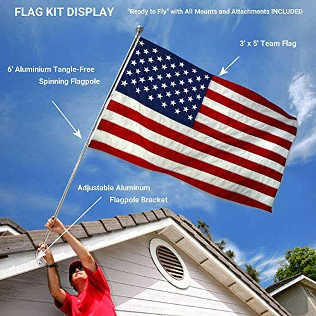 Outdoor American flag on aluminum spinning pole with house eave mount
