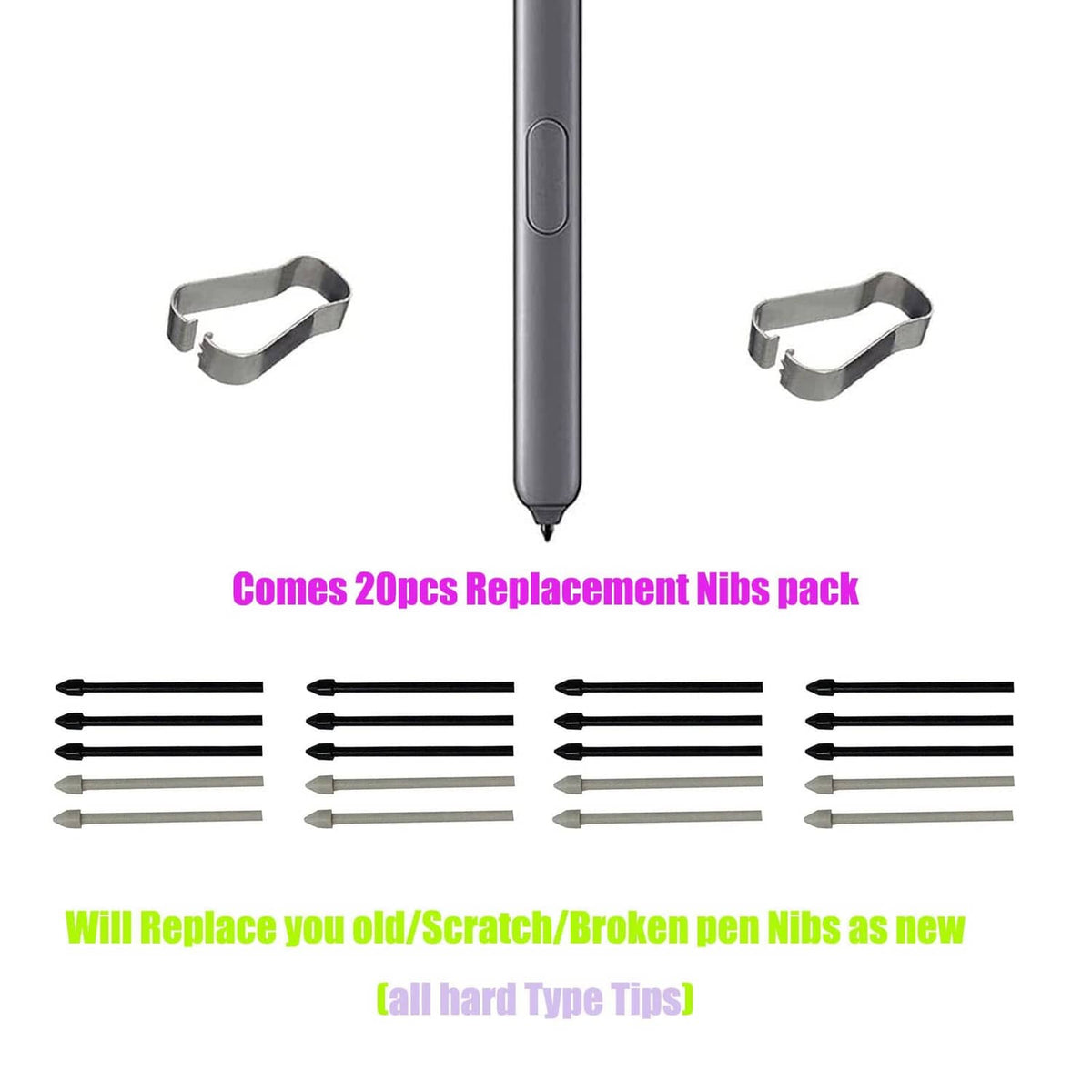 Replacement stylus nibs pack with black and gray hard tips and a nib clip