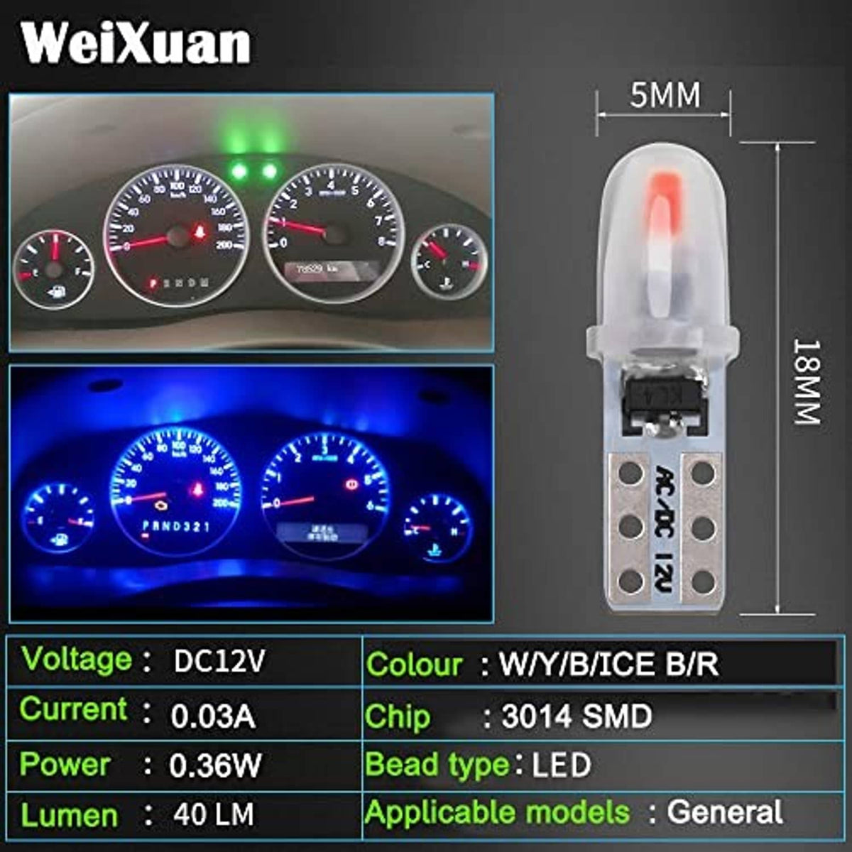 Weixuan T5 LED car bulb with clear lens, DC12V label, and visible LED chip board
