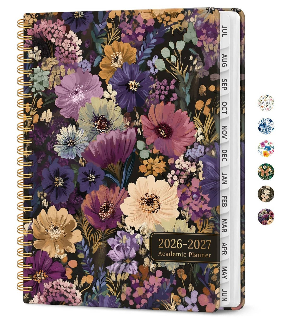 Floral 2026–2027 academic planner with gold spiral rings and midnight bloom cover