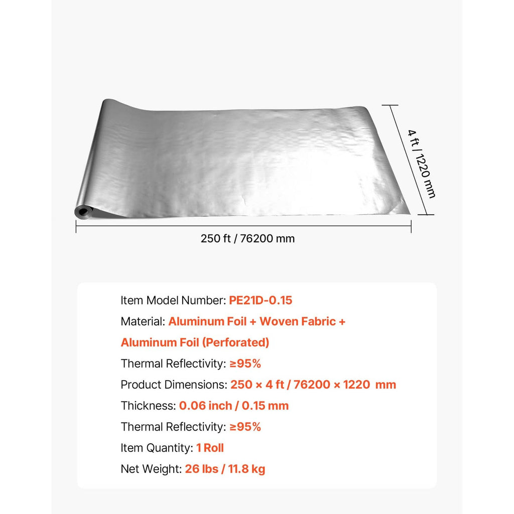 Perforated radiant barrier insulation roll, flat folded sheet of silver foil