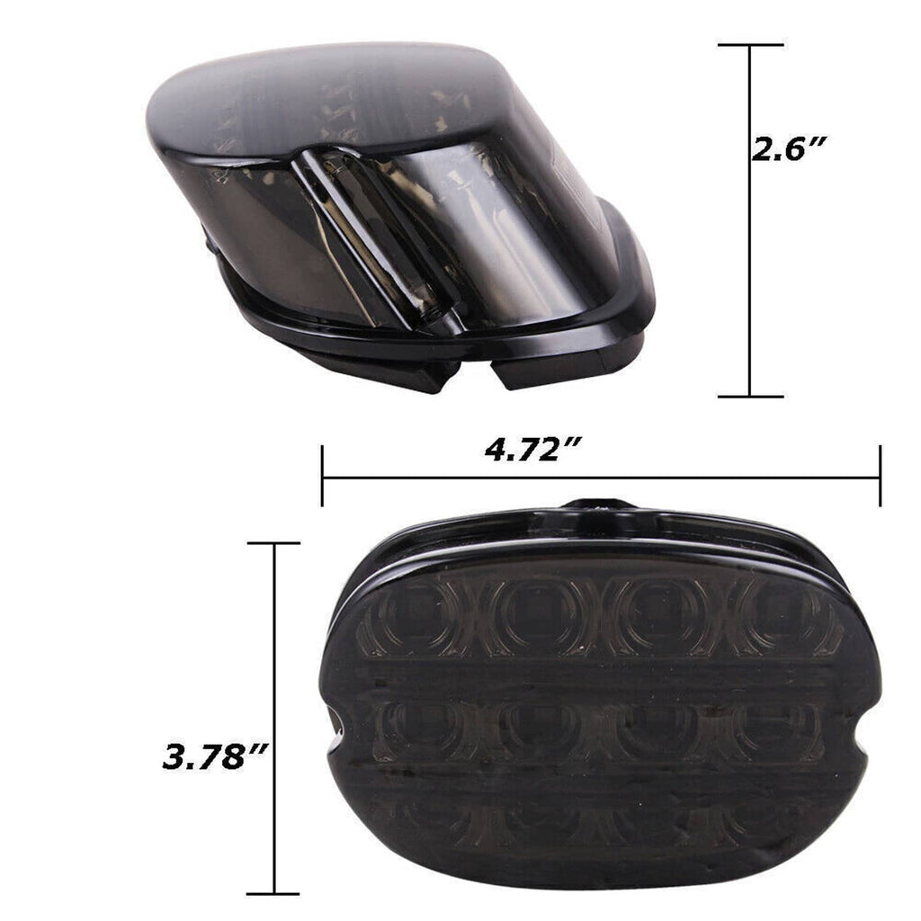 Smoked-lens LED tail light dimensions on black housing with clear reflector