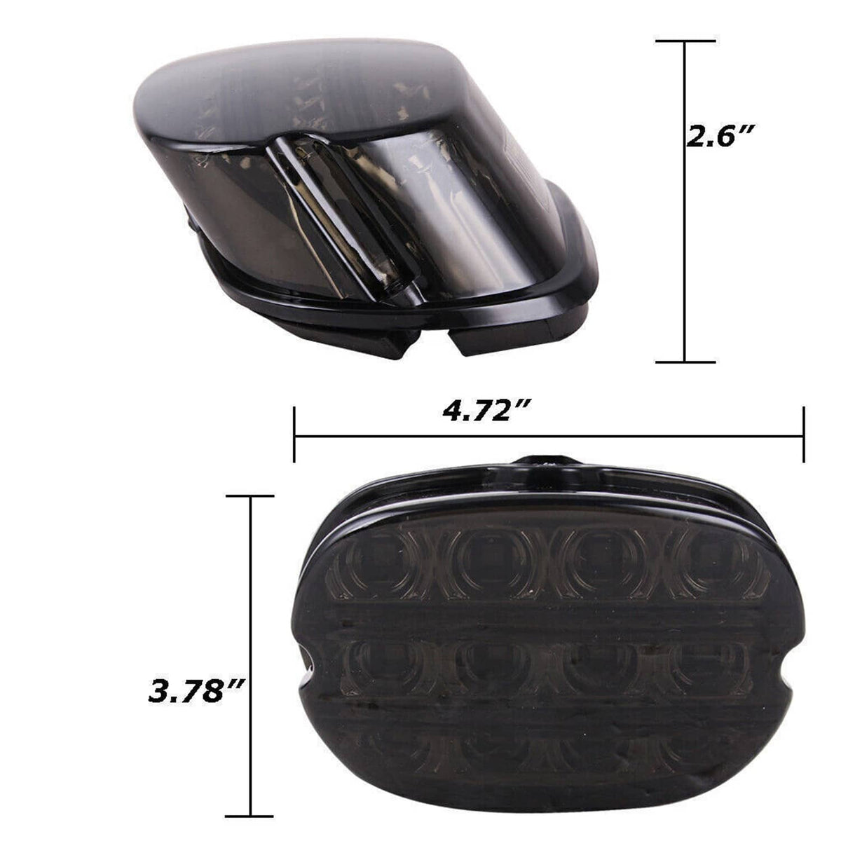 Smoked-lens LED tail light dimensions on black housing with clear reflector