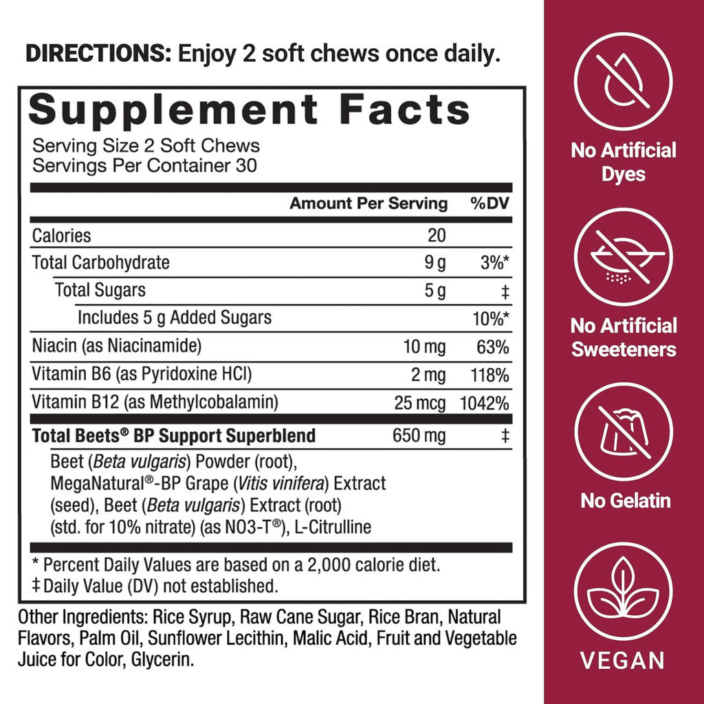 Supplement facts label for beet chews with serving size, ingredients, and daily directions