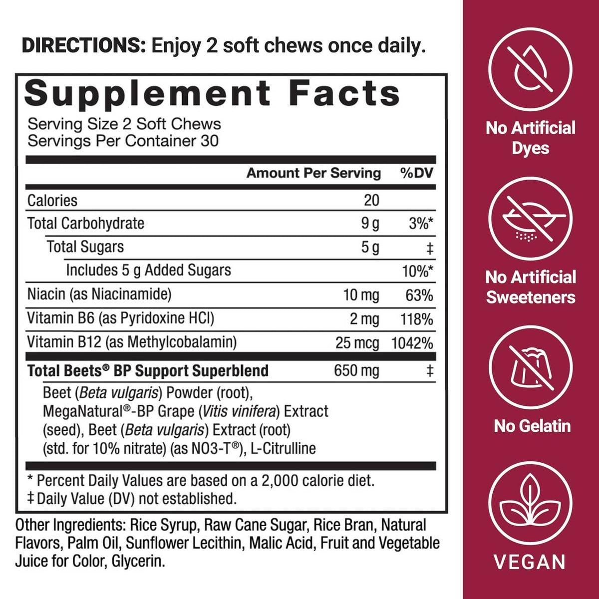 Supplement facts label for beet chews with serving size, ingredients, and daily directions