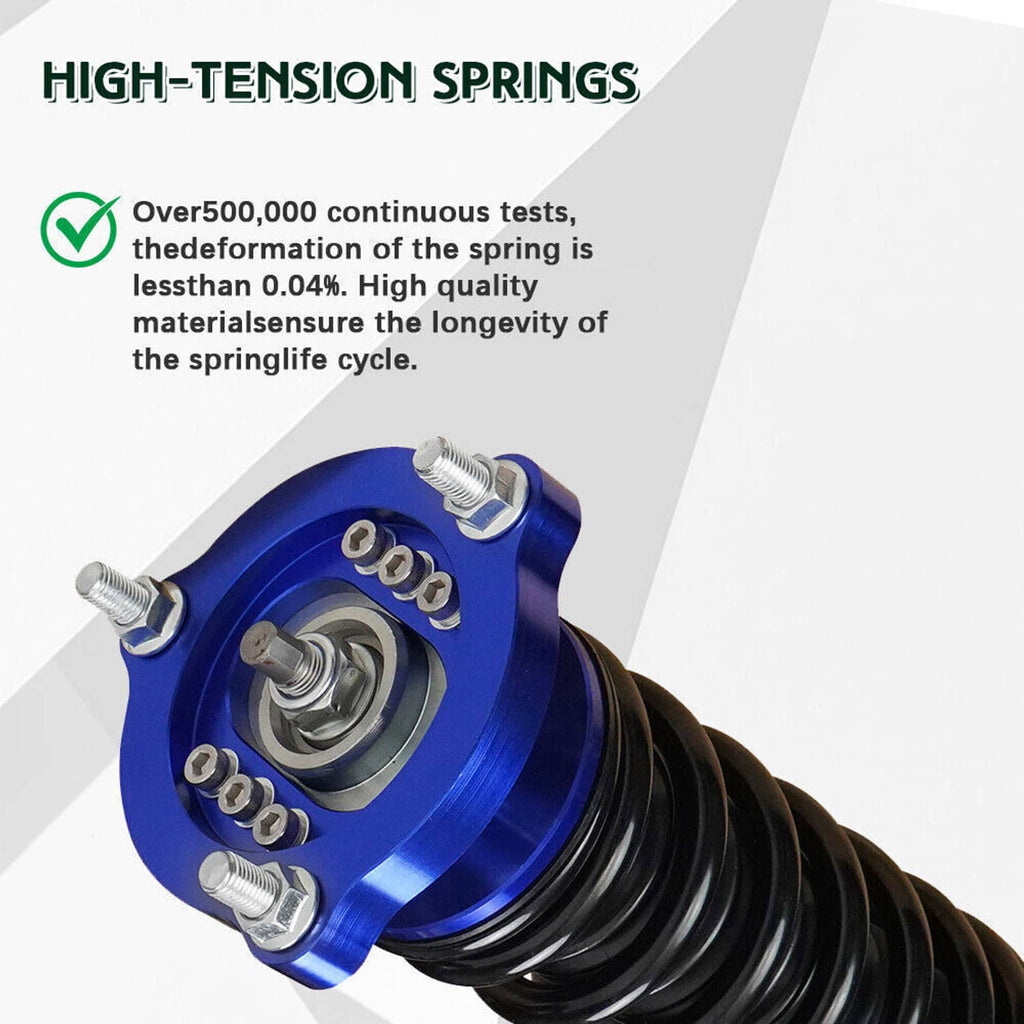 Adjustable coilover strut top mount with blue housing and black spring coil detail