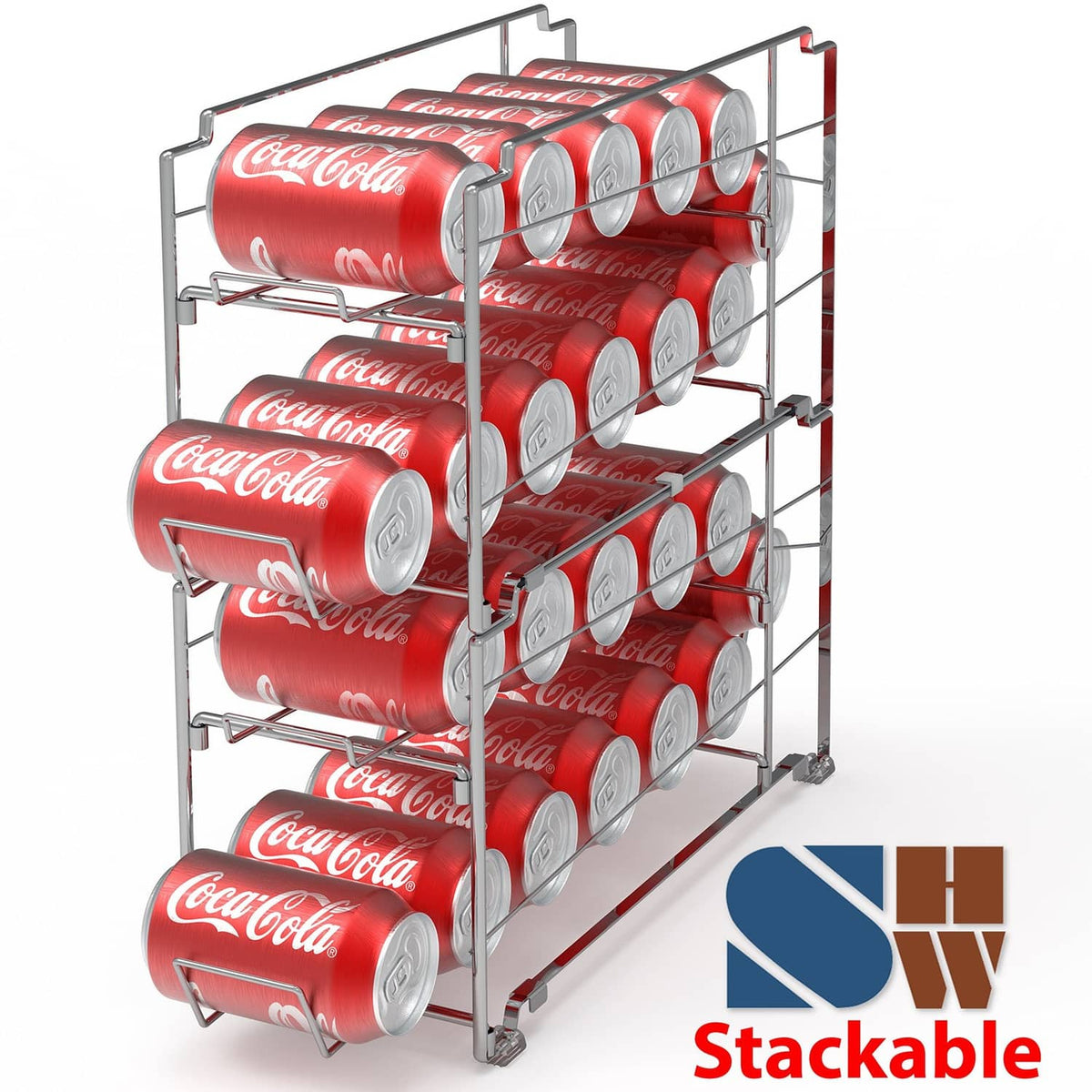 Stackable can dispenser rack with rows of red Coca-Cola cans, chrome frame