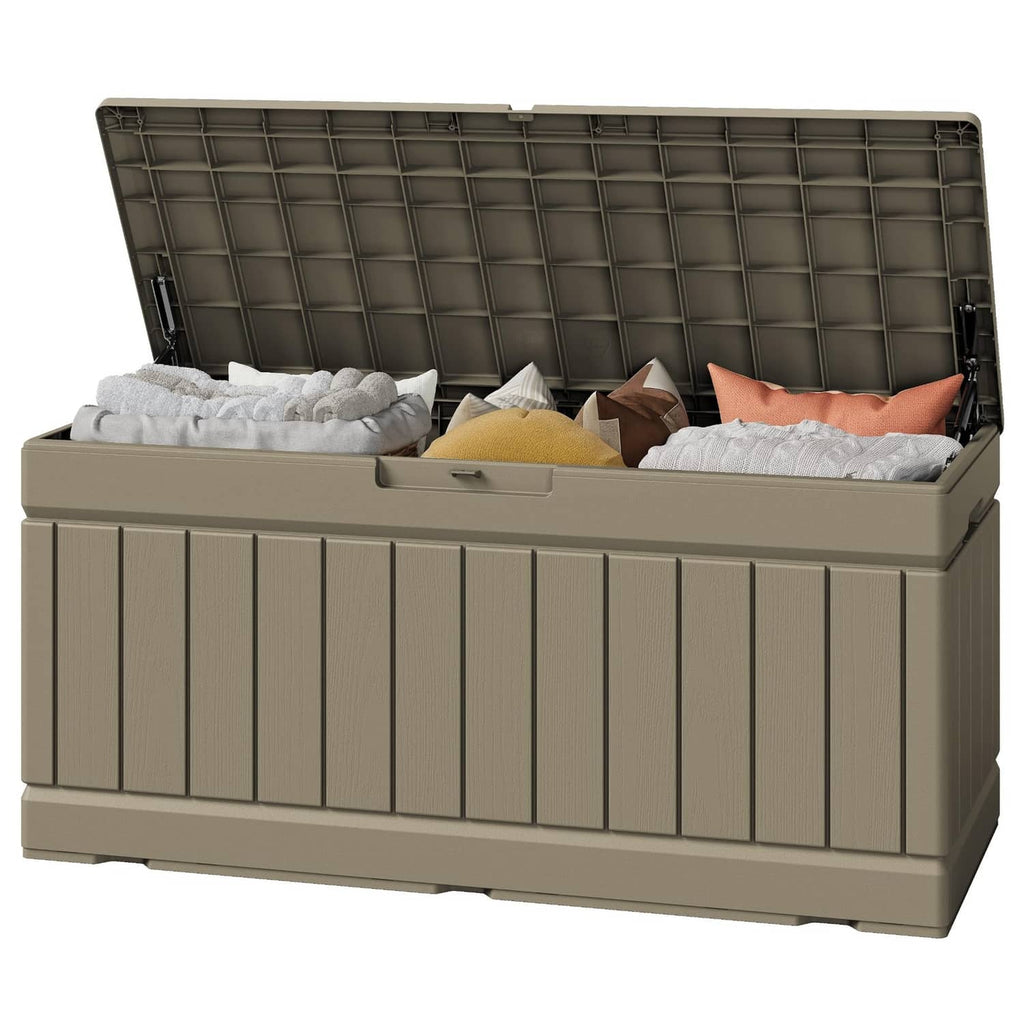 Coffee outdoor storage box with open lid, vented grid panels
