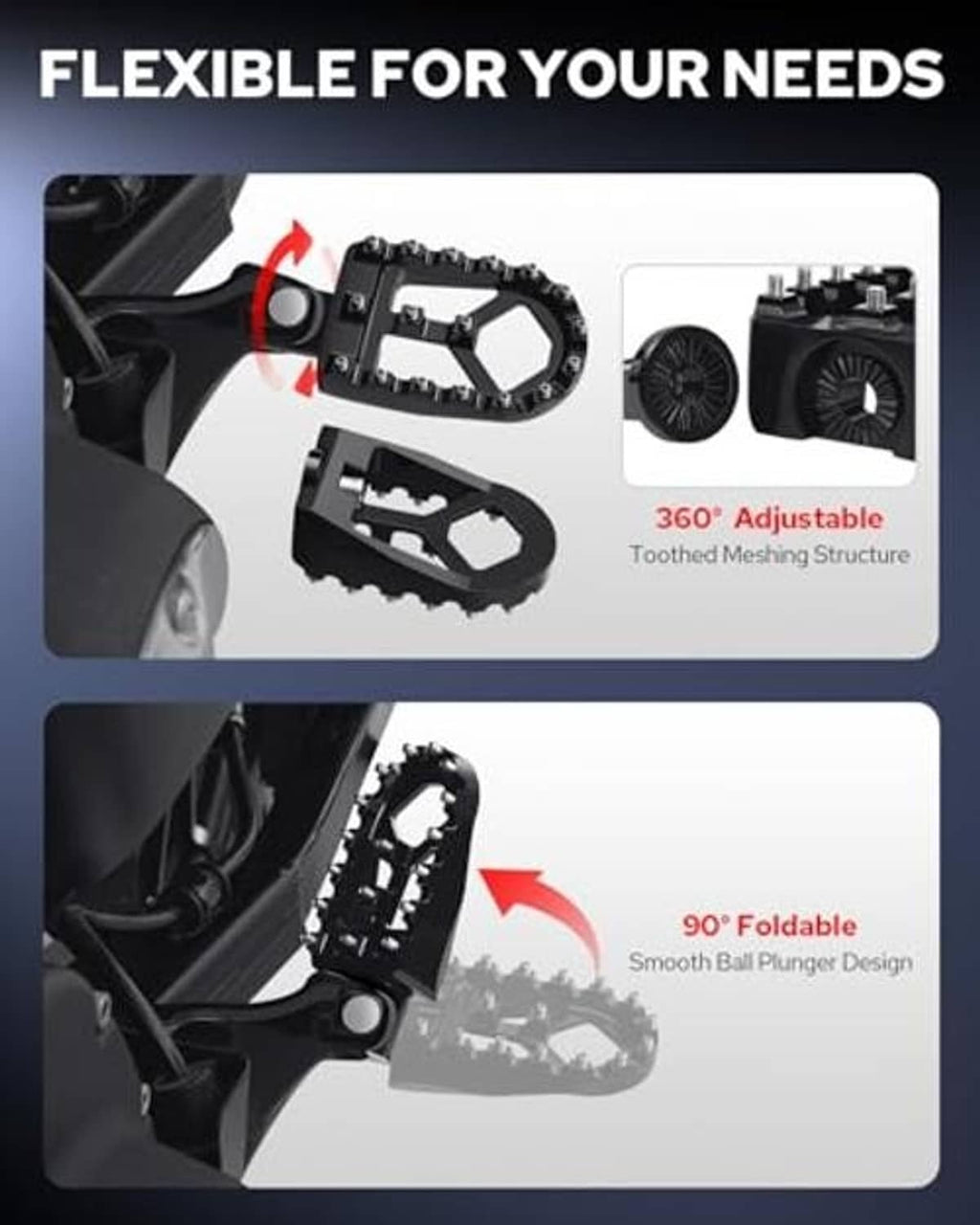 Black motorcycle foot peg set with toothed platform and 360° adjustable mount