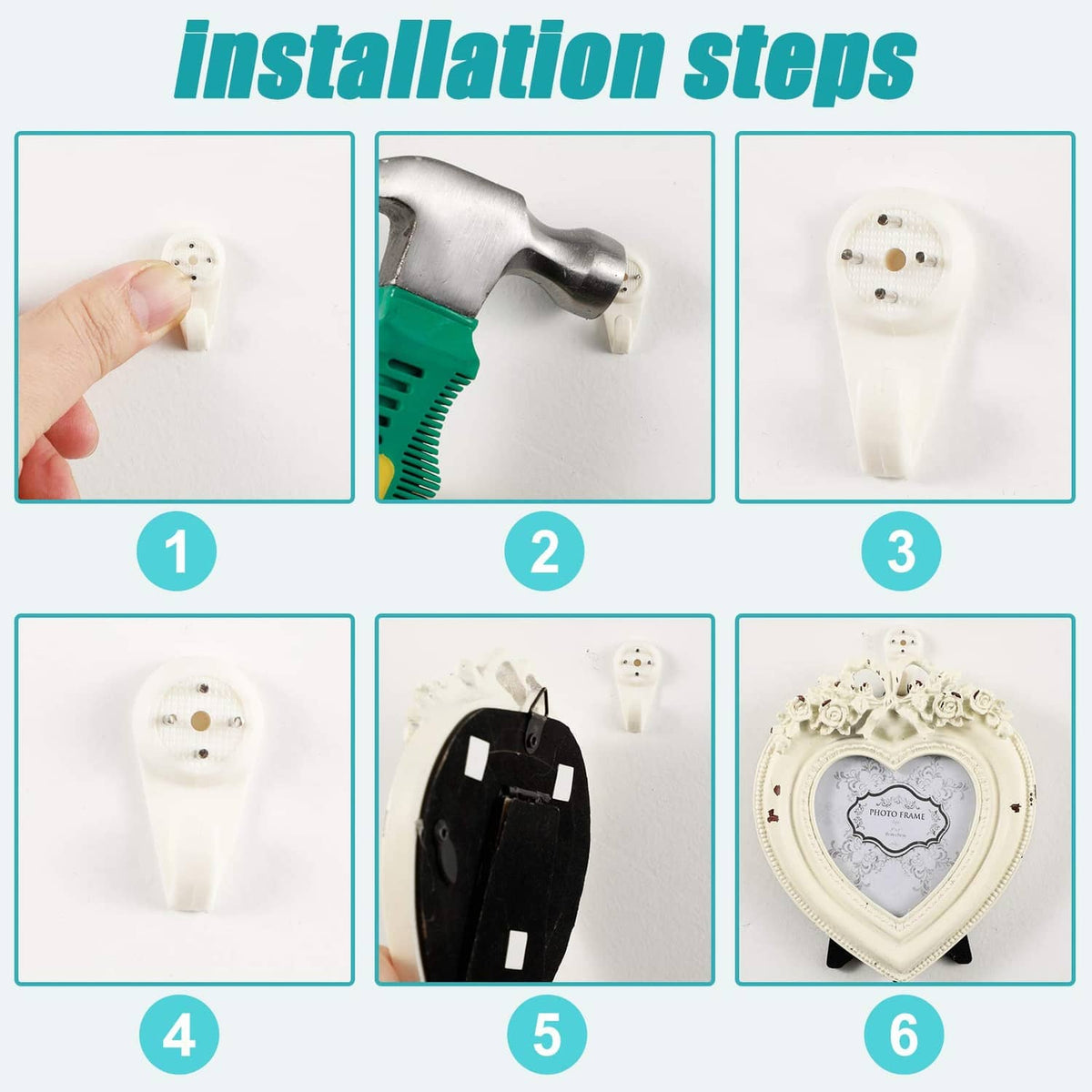 White plastic wall hanger hooks shown in installation steps with pins