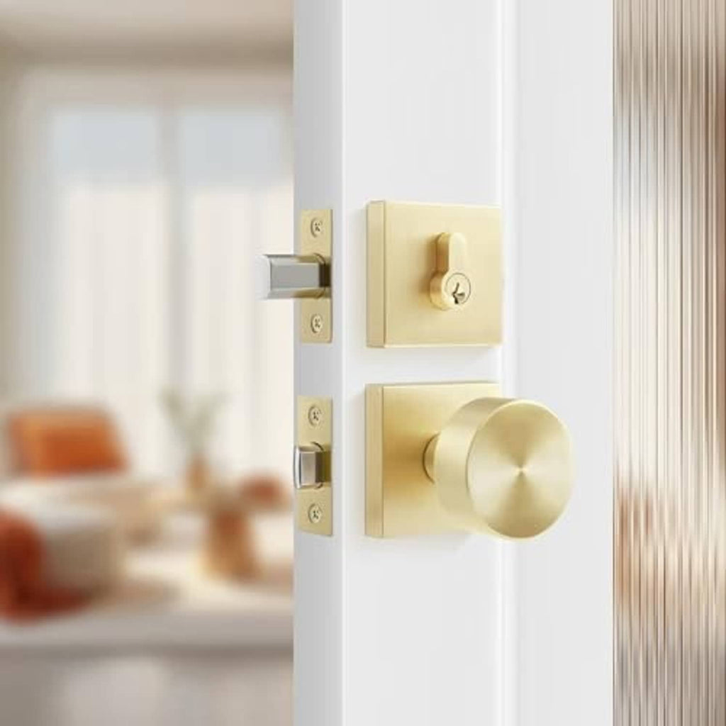 Satin brass single-cylinder deadbolt with privacy-style interior knob on entry door.