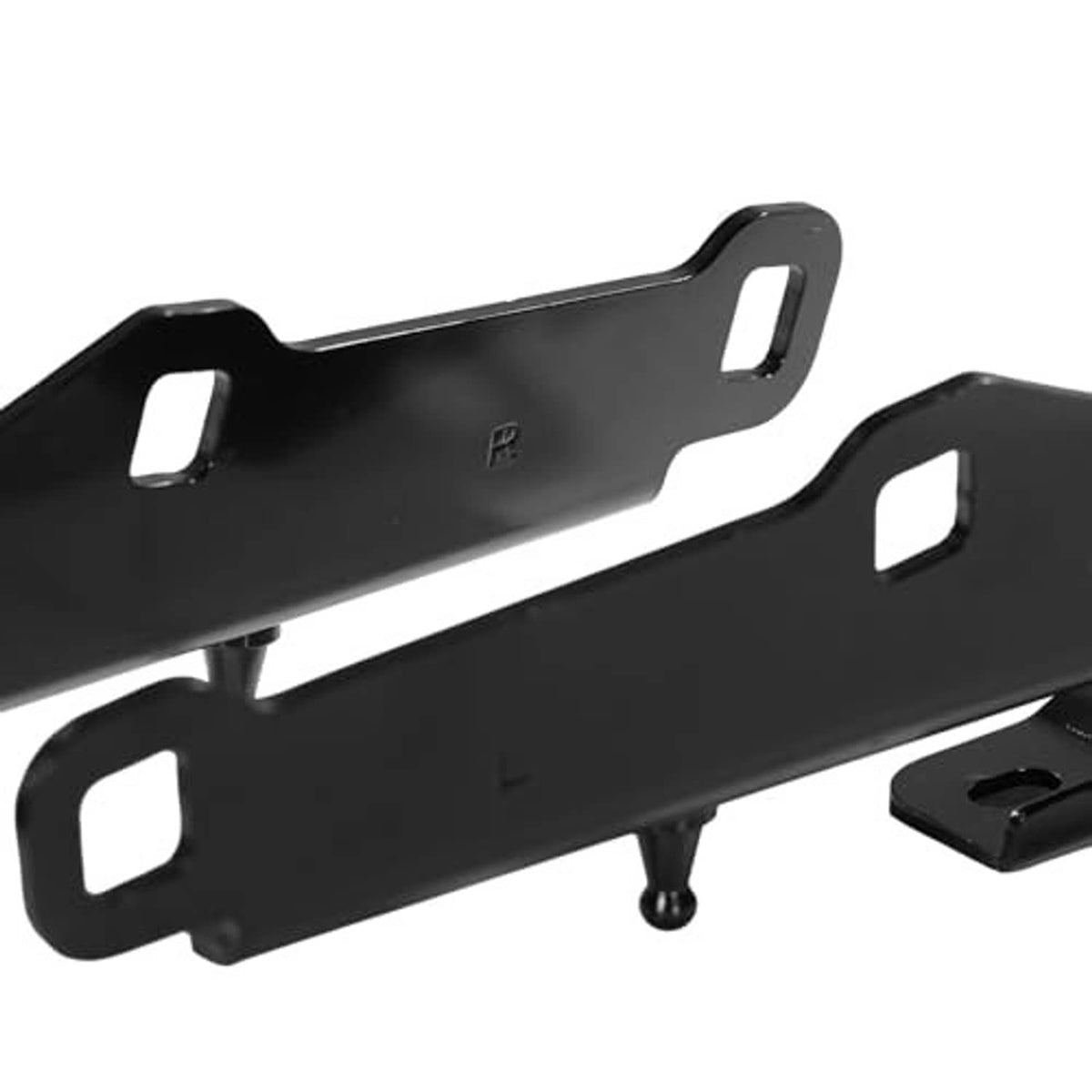 Black hood hinge crossbar brackets with slotted holes and bolt points