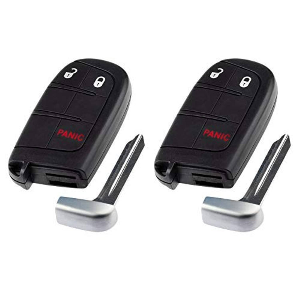 Pair of black remote key fobs with lock/unlock/panic buttons and metal key blades
