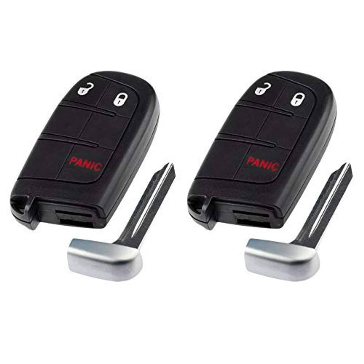 Pair of black remote key fobs with lock/unlock/panic buttons and metal key blades