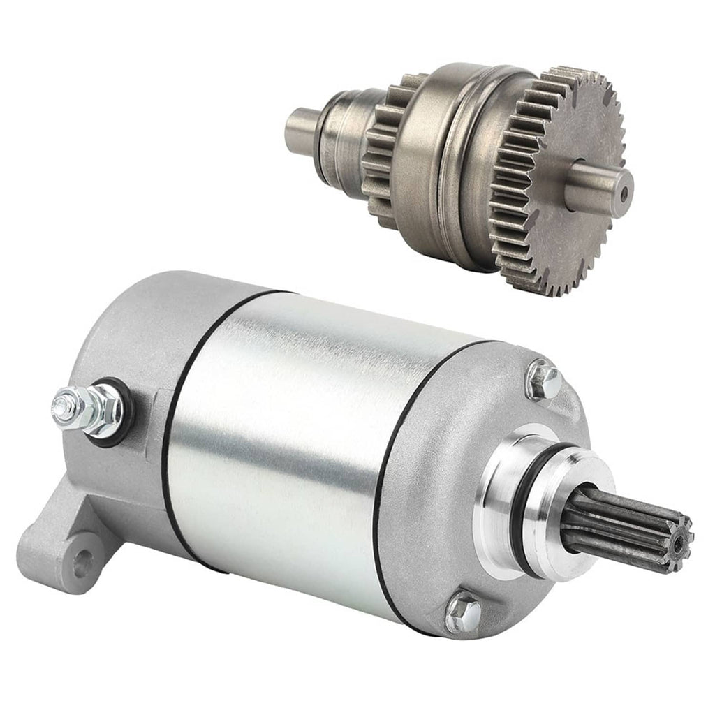 Silver ATV starter motor with gear assembly and drive shaft, angled view