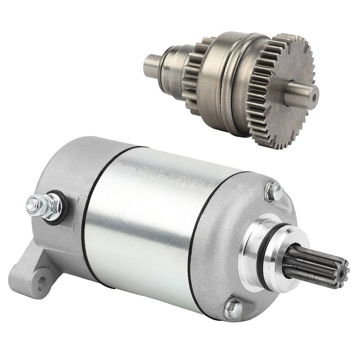 Silver ATV starter motor with gear assembly and drive shaft, angled view