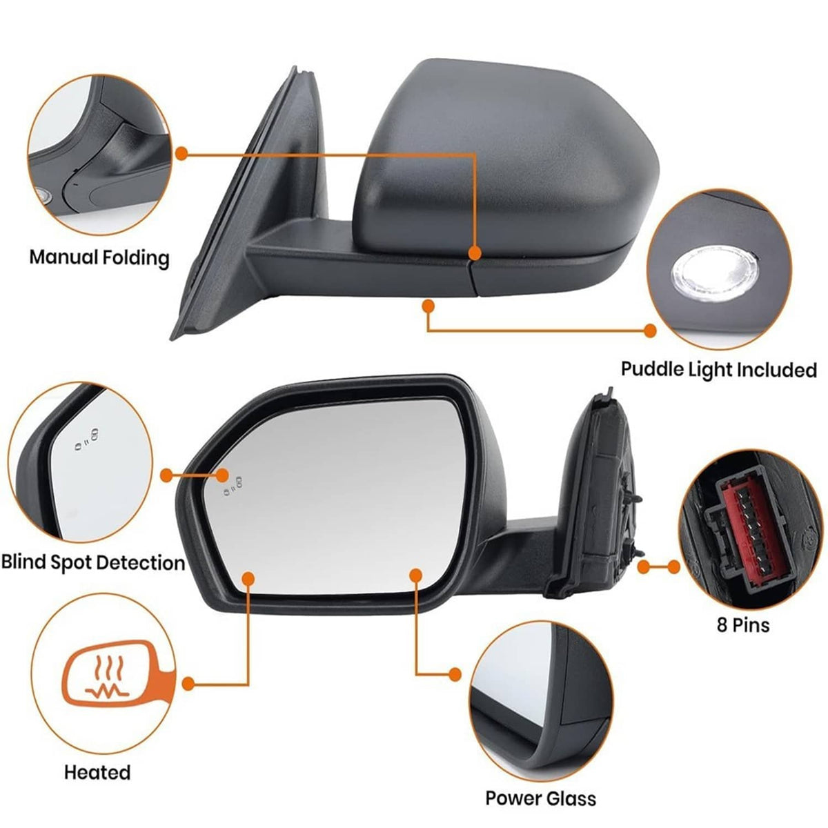 Power heated manual folding side mirror with puddle light, heated glass, 8-pin connector