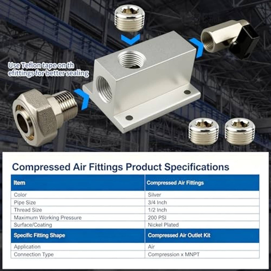 Silver compressed air outlet fitting with male threaded plug and included brass fittings