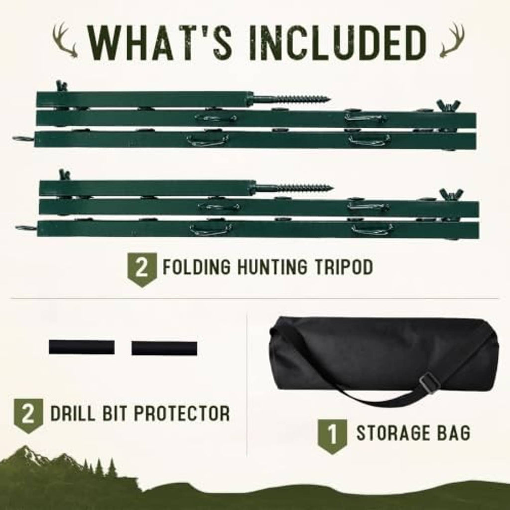 Package contents: two folding hunting tripods, two drill bit protectors, storage bag