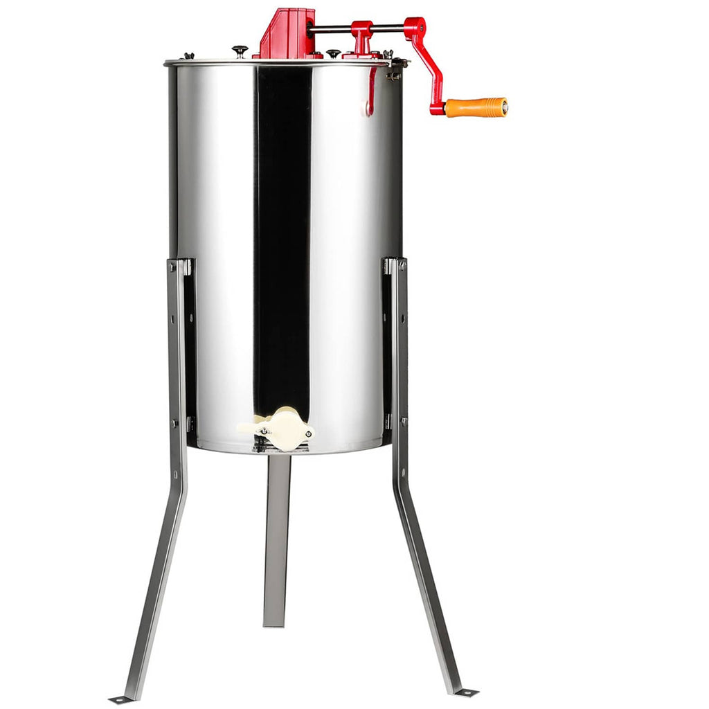 Stainless steel honey extractor drum on tripod stand with red top controls and crank