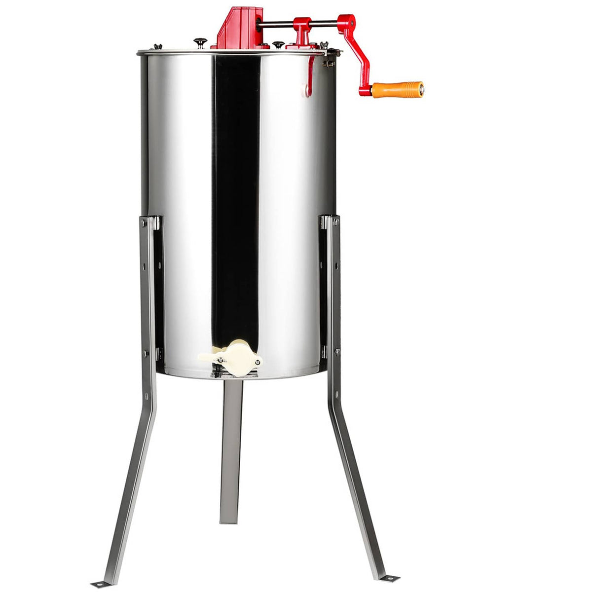Stainless steel honey extractor drum on tripod stand with red top controls and crank